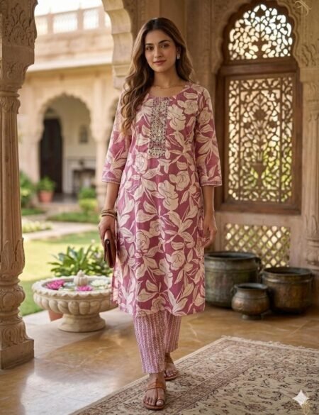Pink Embroidered Regular Fit Kurta with ankle-length pants