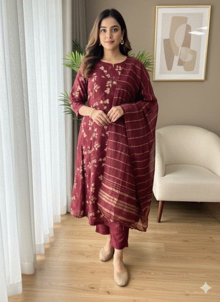 Burgundy Anarkali Kurta With Trouser and Dupatta