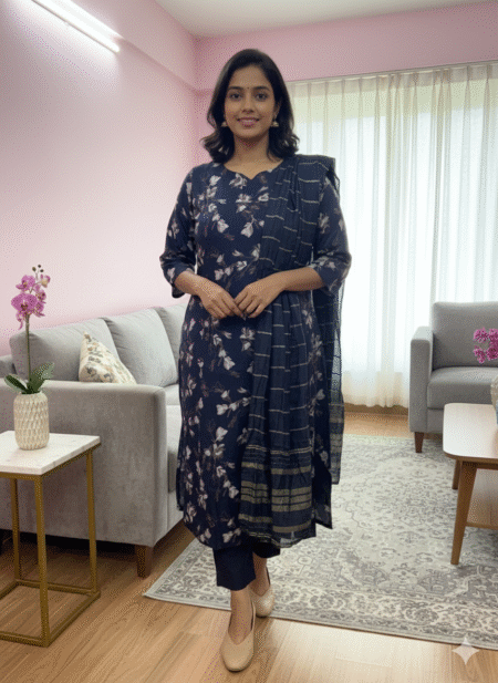 Navy blue Anarkali Kurta With Trouser and Dupatta