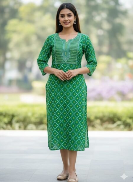 Green embroidery straight-fit kurta