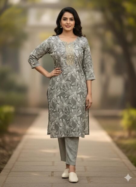 Grey Embroidered Regular Fit Kurta with ankle-length pants