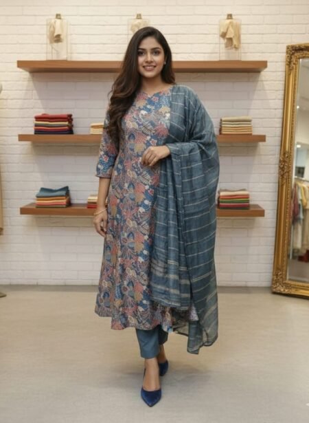 Multi-colored Anarkali Kurta With Trouser and Dupatta