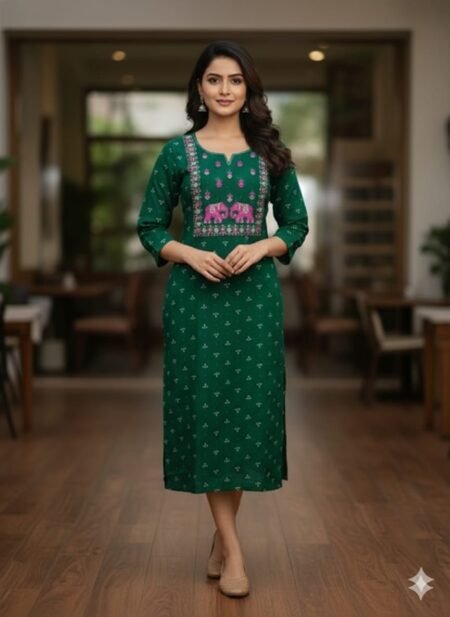 Dark green embroidered kurta.