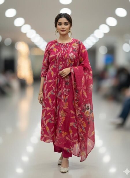 Pink floral printed Mul Chanderi Kurta Set with Dupatta