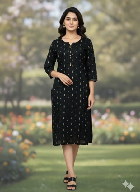 Black With Yellow Printed Rayon Straight-Fit Kurta