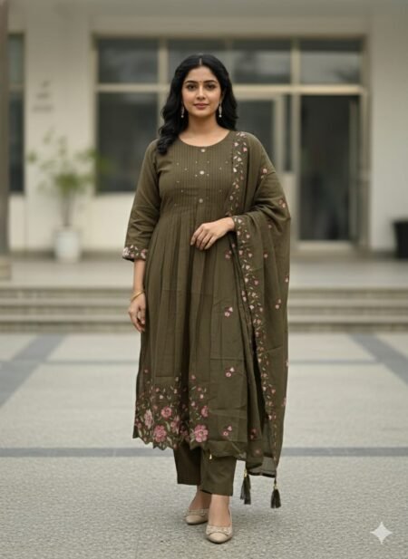 Festive Wear Mal Chanderi Anarkali Suit in Olive Green with Embroidery Work