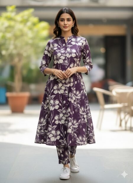 Purple Rayon Floral Printed Co Ord Set For Women