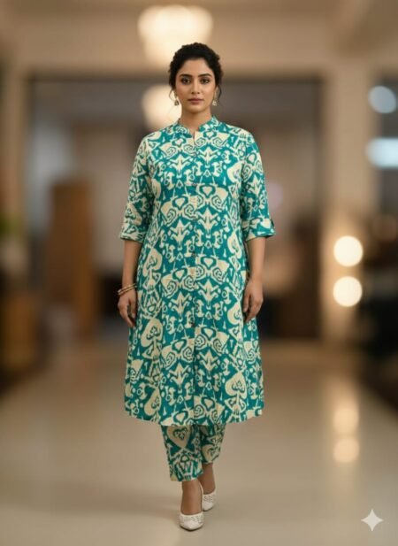 Teal and Off-White Rayon Ikat Print Co-ord Set with Pocket