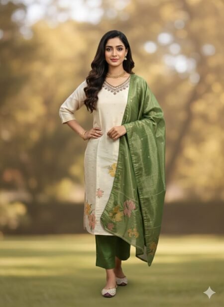 Elegant Cream and Green Mul Chanderi Kurta Set with Dupatta